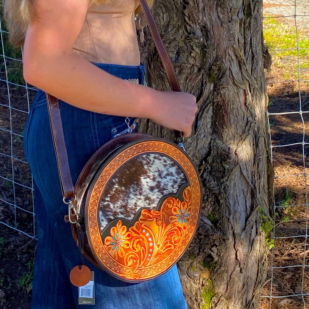 Round Myra Bag Cow Hide NWT